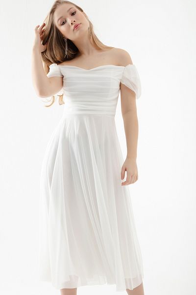 Lafaba Weißes, drapiertes Midi-Abendkleid mit U-Boot-Ausschnitt für Damen