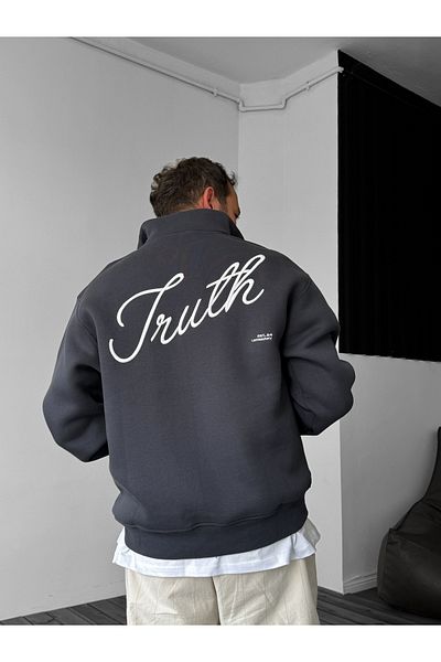 BYBASICMAN Anthracite Truth Embroidered Half Zipper Sweat Lb-1006