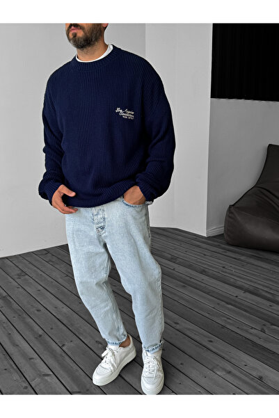 BYBASICMAN Lacivert Los Angeles Nakışlı Örme Kazak PM-142