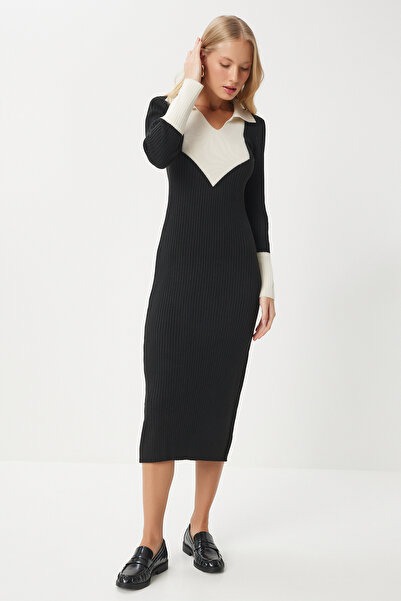 Lovelyİstanbul Kontrast Polo Yaka Triko Elbise SİYAH LJG0001