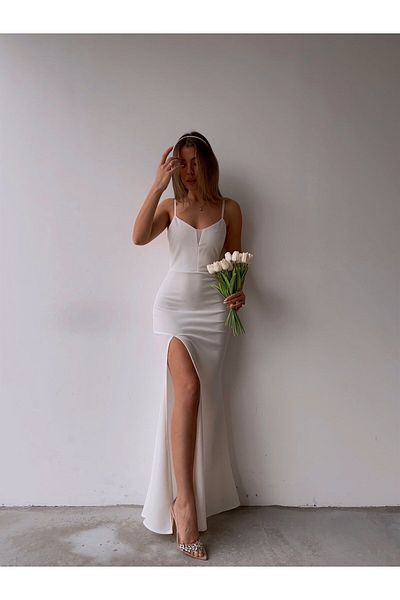 modaçelikler Bretele subțiri cu fantă în față Rochie albă Lisbeth lungă pentru femei 22k 000581