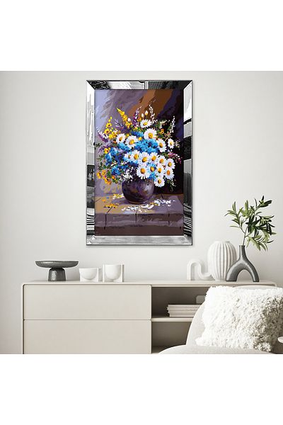 Zevahir Mobilya Dekorasyon Masa MDF simpla cu flori de margarete in vaza cu rama din plexiglas cu oglinda argintie
