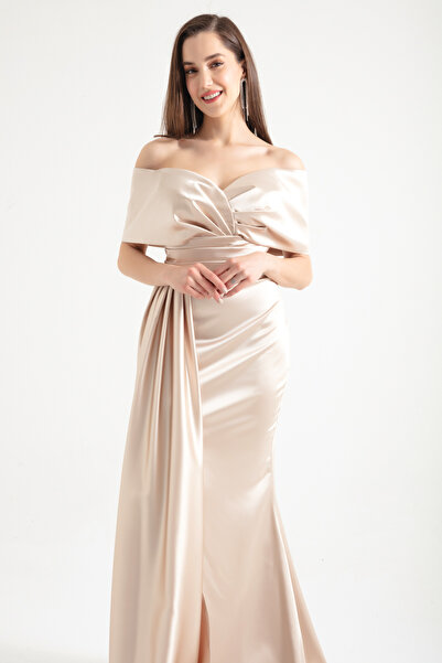 Lafaba Γυναικείο βραδινό φόρεμα μπεζ με σκίσιμο λαιμό