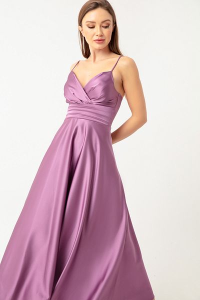 Lafaba Lavendelfarbenes Midi-Abendkleid und Abschlusskleid aus Satin mit Taillengürtel und Seilriemen für Damen