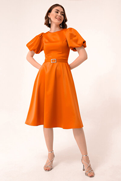 Lafaba Women's Orange Balloon Sleeve Jewelled Belted Mini Satin Evening Dress