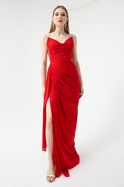 Lafaba Damen-Abendkleid in Rot mit drapiertem Schlitz und silbernem Brustausschnitt