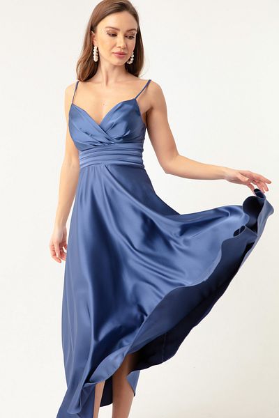 Lafaba Indigoblaues Midi-Abendkleid und Abschlusskleid aus Satin mit Taillengürtel und Seilriemen