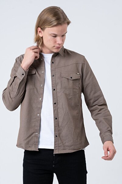 BAYEFENDİ Erkek Kahve Slim Fit Cepli Likralı Kot Gömlek