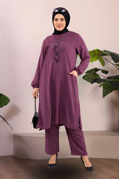 Ferace Hijab Ayrobin Double Suit Large Size Tunic Trousers Women's Dried Rose