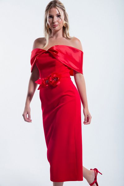 Lafaba Red Midi Bow Detailed Boat Neck Women's Evening Dress