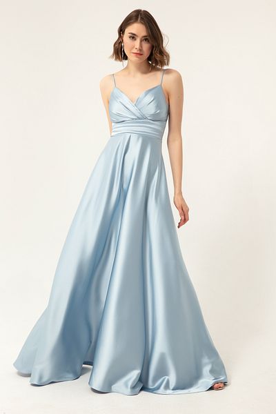 Lafaba Babyblaues, langes Abendkleid und Abschlusskleid aus Satin mit Seilriemen und Taillengürtel für Damen