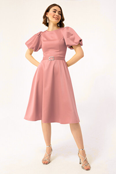 Lafaba Dámské růžové mini saténové saténové šaty s balonovým rukávem s kamenným páskem