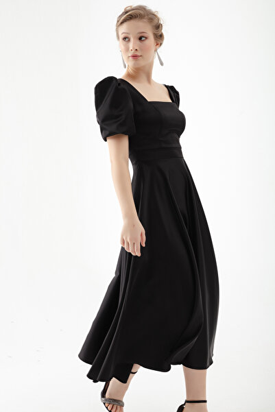 Lafaba Schwarzes Midi-Abendkleid mit quadratischem Kragen und Ballonärmeln für Damen