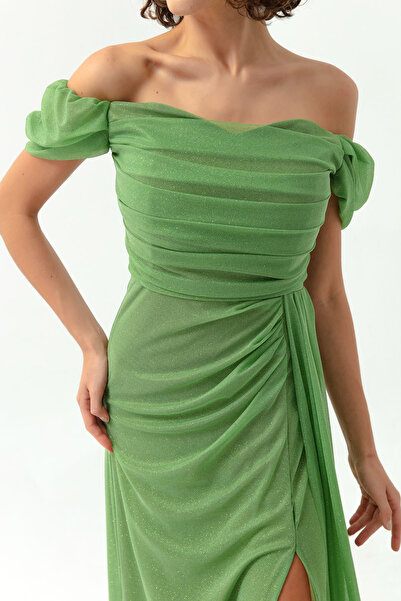 Lafaba Rochie de seară de damă, verde, cu gât cu barcă, cu fantă lungă, cu sclipici