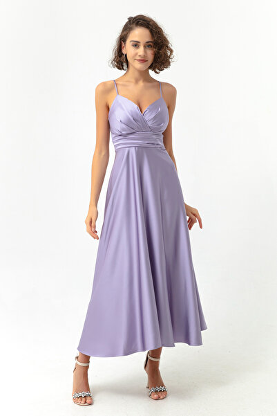 Lafaba Γυναικείο βραδινό φόρεμα μίντι σατέν ζωσμένο με λουράκι λιλά και φόρεμα αποφοίτησης