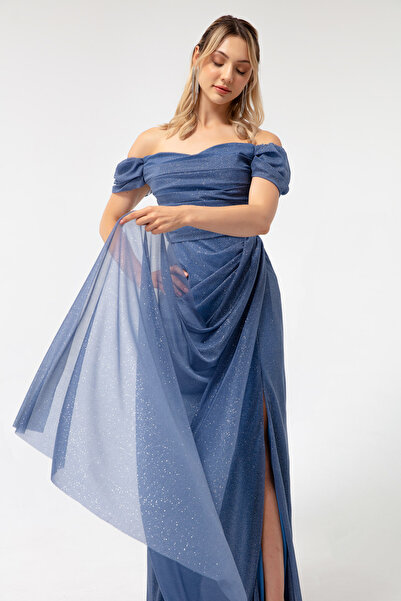 Lafaba Dámské indigové dlouhé třpytivé večerní šaty s lodičkovým výstřihem a drážkou