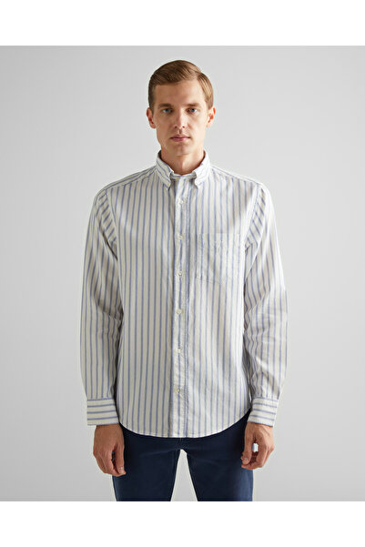 Gant Erkek Krem Regular Fit Düğmeli Yaka Çizgili Oxford Gömlek