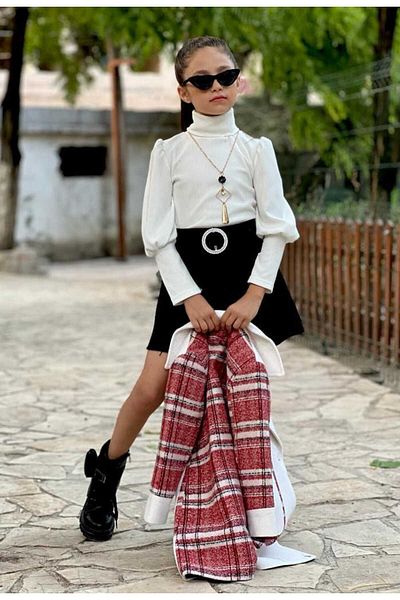 elfanto kıds Girl's Stamped Coat, Skirt and Blouse - Fur Detailed, Lined 4 Piece Set