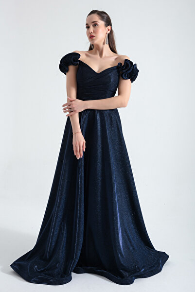Lafaba Női sötétkék fodros ujjú csillogó hosszú estélyi ruha
