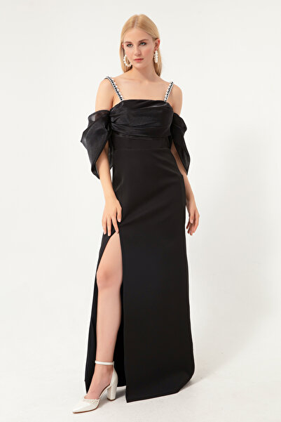 Lafaba Schwarzes langes Abendkleid aus Organza mit Prinzessinnenärmeln und Perlenriemen für Damen