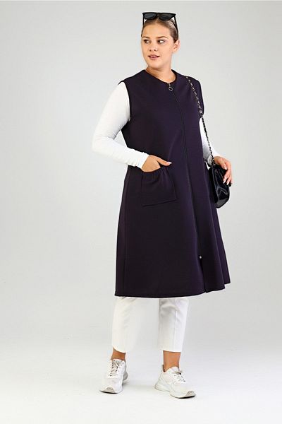 Ferace Women's Large Size Oversize Hijab Long Sleeveless Zippered Vest Navy Blue
