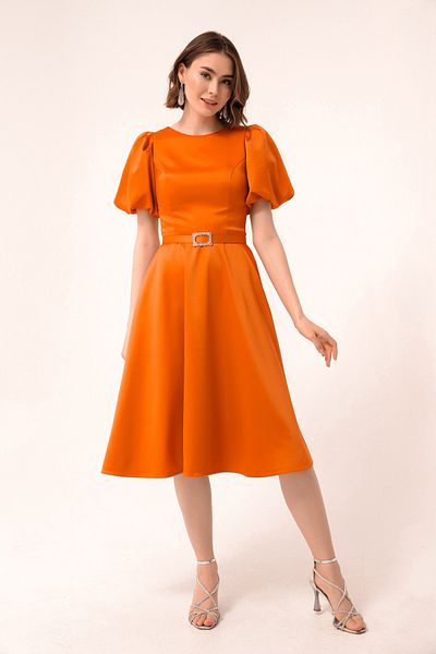OFZE Women's Orange Balloon Sleeve Jewelled Belted Mini Satin Evening Dress