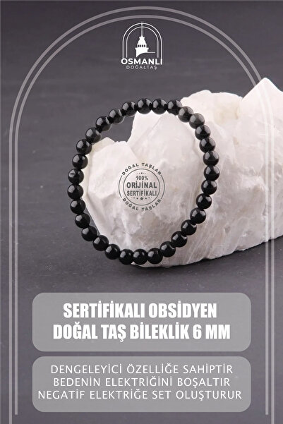 OSMANLI DOĞAL TAŞ Sertifikalı Obsidyen Doğal Taş Bileklik 6 Mm - B839