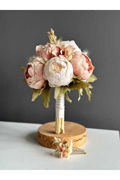 Luvienn Yeni Sezon Somon Şakayık Gelin Buketi-Krem/Somon Gelin Çiçeği-damat Y...