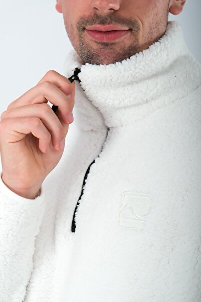 Coredra Men's Plush Coat - Teddy, Half Zipper, Ecru