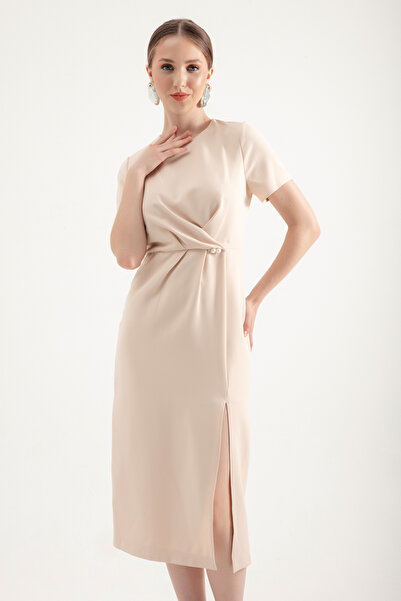 Lafaba Μπεζ Μίντι Φόρεμα - Πέρλα Λεπτομέρεια και Σκίσιμο