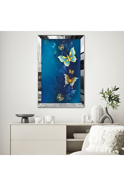 Zevahir Mobilya Dekorasyon Masa MDF cu un singur cadru din plexiglas cu oglinda argintie Fluturi colorati