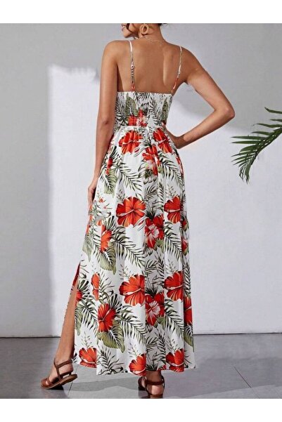 Moka Shopin Mokashopin Women's Rope Strap V-Neck Waist Guipure Flower Print Side Slit Maxi Single Jersey Dress