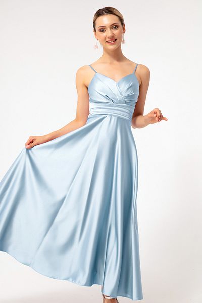 OFZE Women's Baby Blue Rope Strap Waist Belted Satin Midi Evening Dress & Graduation Dress