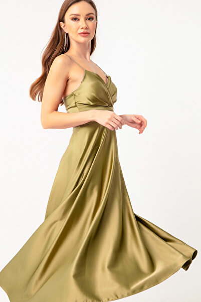 Lafaba Ölgrünes Midi-Abendkleid und Abschlusskleid aus Satin mit Taillengürtel und Seilriemen für Damen