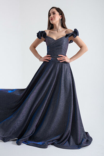 Lafaba Dámske farebné dlhé večerné šaty s volánovými rukávmi a trblietkami