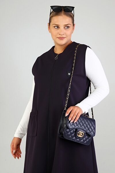 Ferace Women's Large Size Oversize Hijab Long Sleeveless Zippered Vest Navy Blue