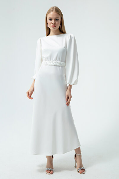 Lafaba Dámské bílé zásnubní šaty s dlouhým balonovým rukávem