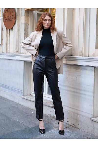 Juste Studio Black Slit Detail Leather Trousers