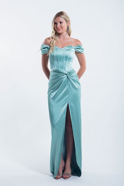 Lafaba Rochie de seara din satin verde menta cu corset cu sarma - rochie lunga