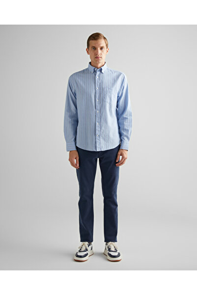 Gant Erkek Mavi Regular Fit Düğmeli Yaka Çizgili Oxford Gömlek