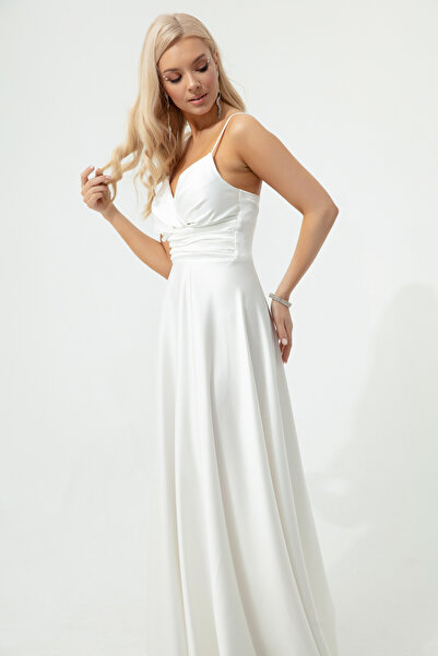 Lafaba Dámské ecru provazové saténové dlouhé večerní šaty a maturitní šaty s pasem