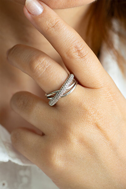 DHARMONYCO Silver Zirkon Taşlı Çapraz Görünen Ayarlanabilir Yüzük