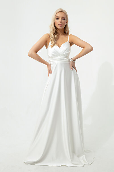 Lafaba Dámské ecru provazové saténové dlouhé večerní šaty a maturitní šaty s pasem