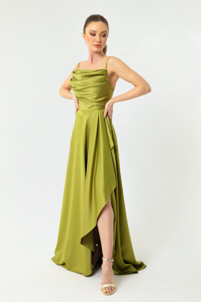 Lafaba Γυναικείο βραδινό φόρεμα & Graduation φόρεμα με σχιστό σατέν πράσινο φιστίκι