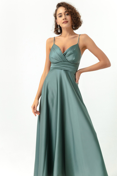 Lafaba Dámské tyrkysové, provazový pásek, saténové midi večerní šaty a maturitní šaty