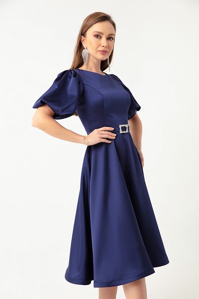 Lafaba Marineblaues Mini-Satin-Abendkleid mit Ballonärmeln und Steingürtel für Damen