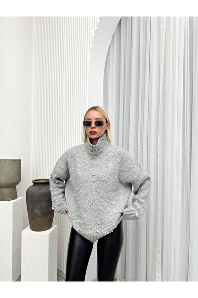 Olcay Gray Oversize Knitwear Sweater - Turtleneck and Pearl Detail 8240