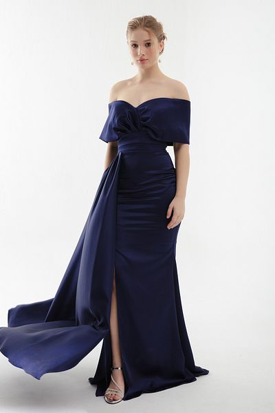 OFZE Women's Navy Blue Boat Neck Slit Long Evening Dress