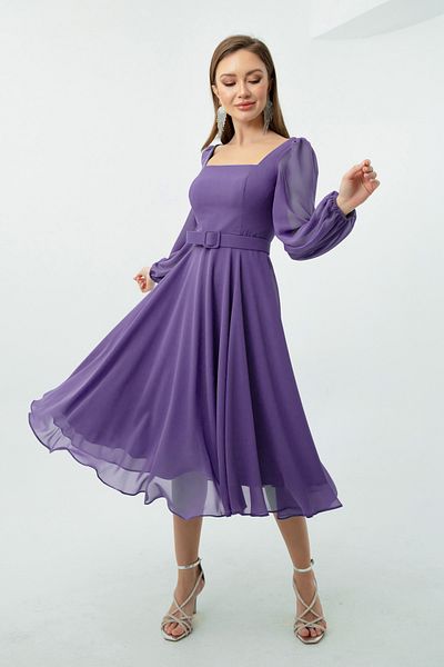Lafaba Women's Lavender Square Collar Belted Midi Chiffon Evening Dress
