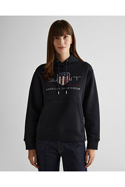 Gant Kadın Siyah Relaxed Fit Kapüşonlu Logolu Sweatshirt